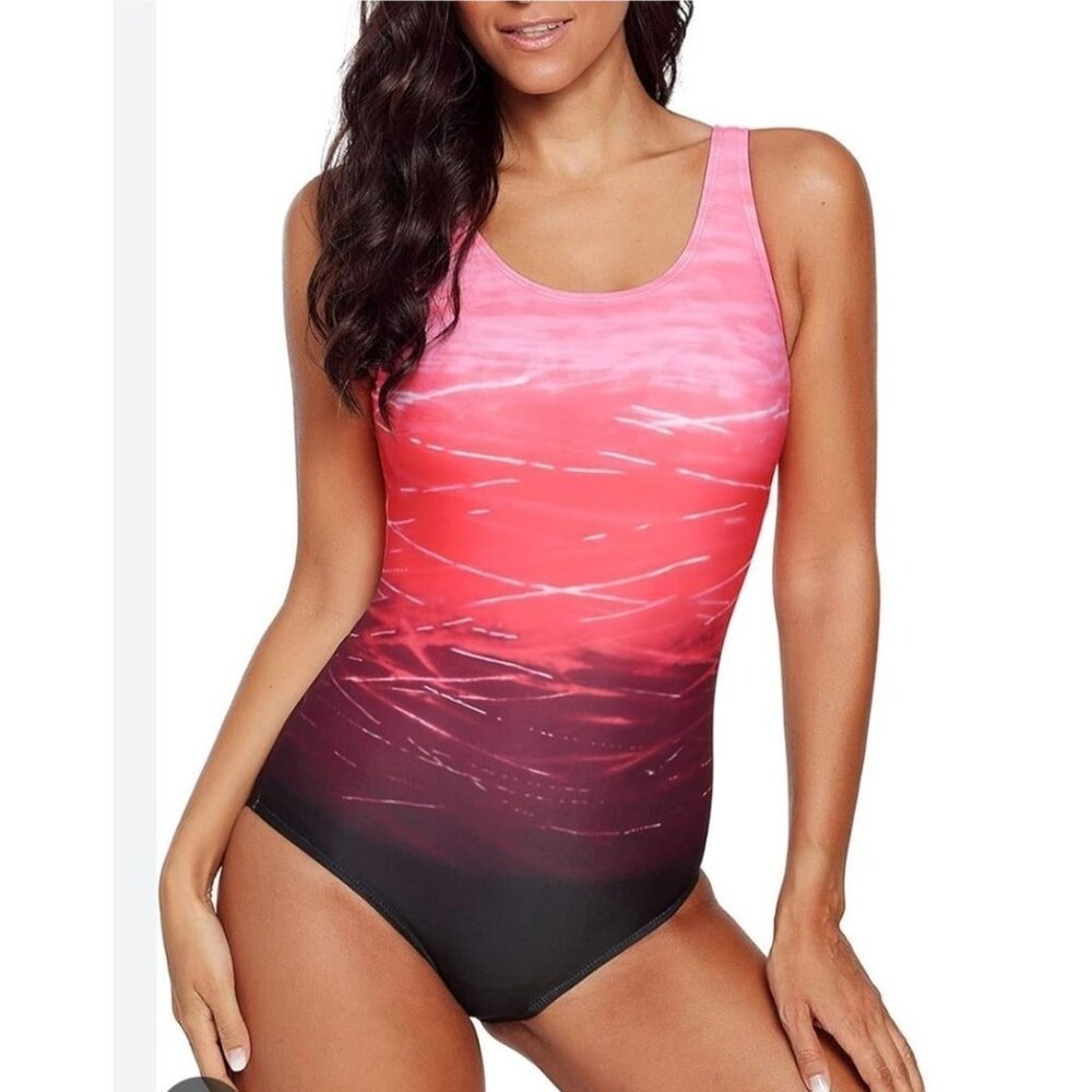 Exlura Womens XL Pink & Black Gradient One-Piece Swimsuit Strappy Back Tropical
